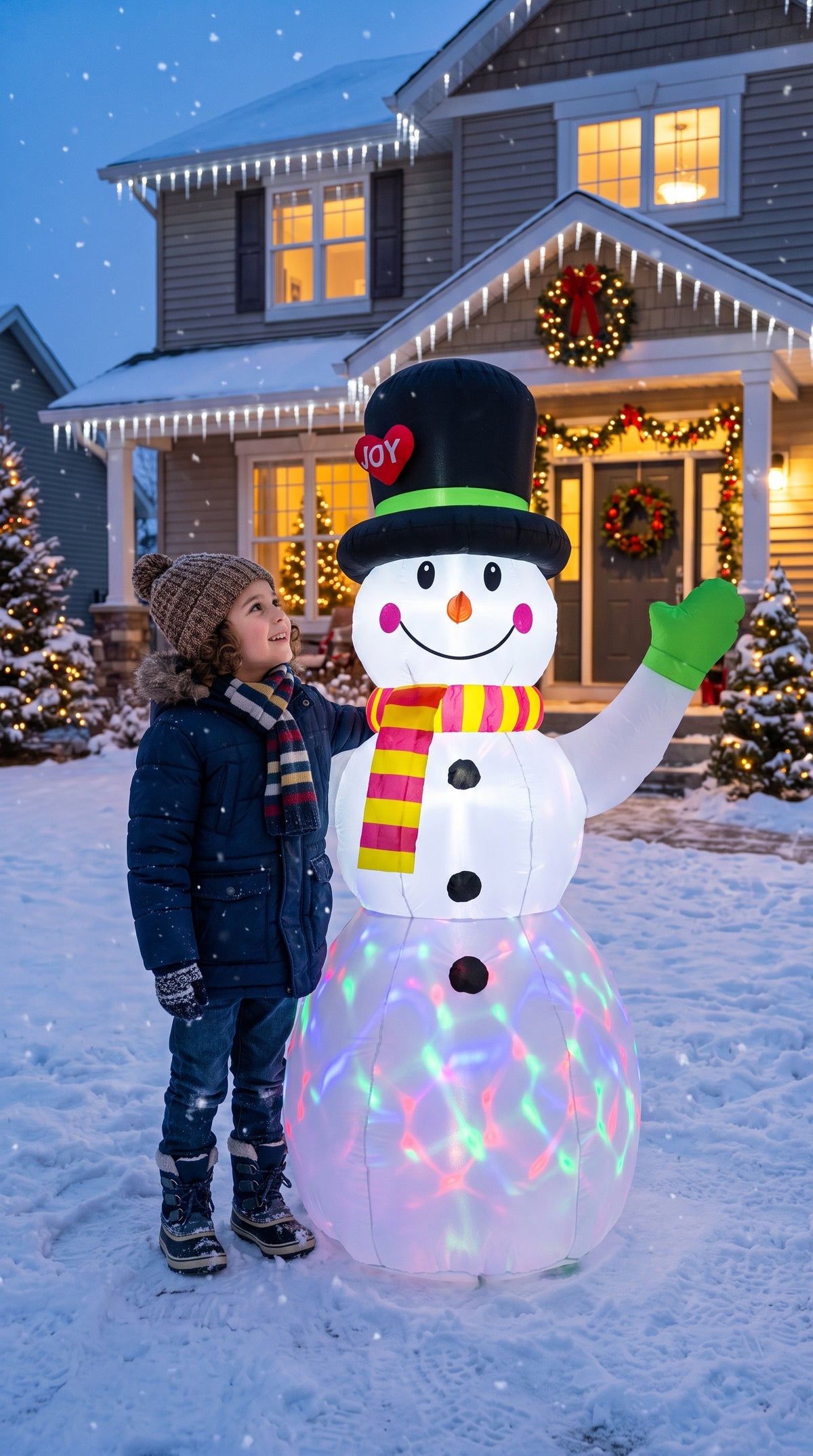 Inflatable LED snowman with gifts – glowing disco belly