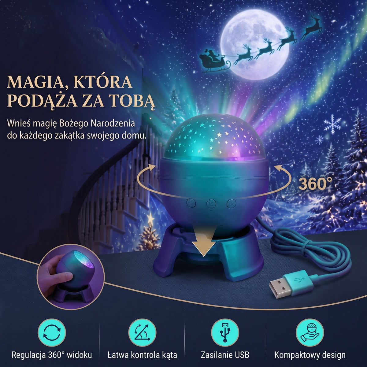 Projektor świąteczny 360° – magiczne wzory na cały pokój